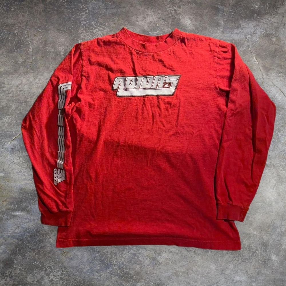 Vintage Adidas Red Long Sleeve Graphic T-Shirt Mens Large Athletic Logo Tee